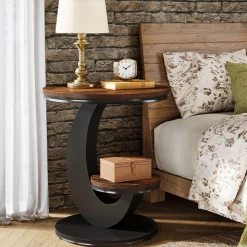 2 Tiers End Table, Sofa Side Bedside Table Nightstand with Arc-Shaped Frame
