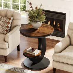 2 Tiers End Table, Sofa Side Bedside Table Nightstand with Arc-Shaped Frame