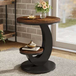 2 Tiers End Table, Sofa Side Bedside Table Nightstand with Arc-Shaped Frame