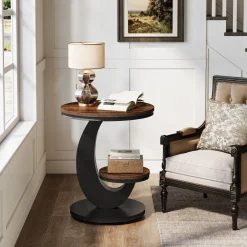 2 Tiers End Table, Sofa Side Bedside Table Nightstand with Arc-Shaped Frame