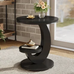 2 Tiers End Table, Sofa Side Bedside Table Nightstand with Arc-Shaped Frame