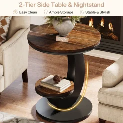 2 Tiers End Table, Sofa Side Bedside Table Nightstand with Arc-Shaped Frame