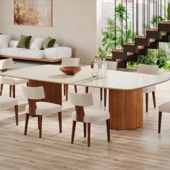 78.7" Travertine Slab Dining Table With Semi-Circular Stripe Base