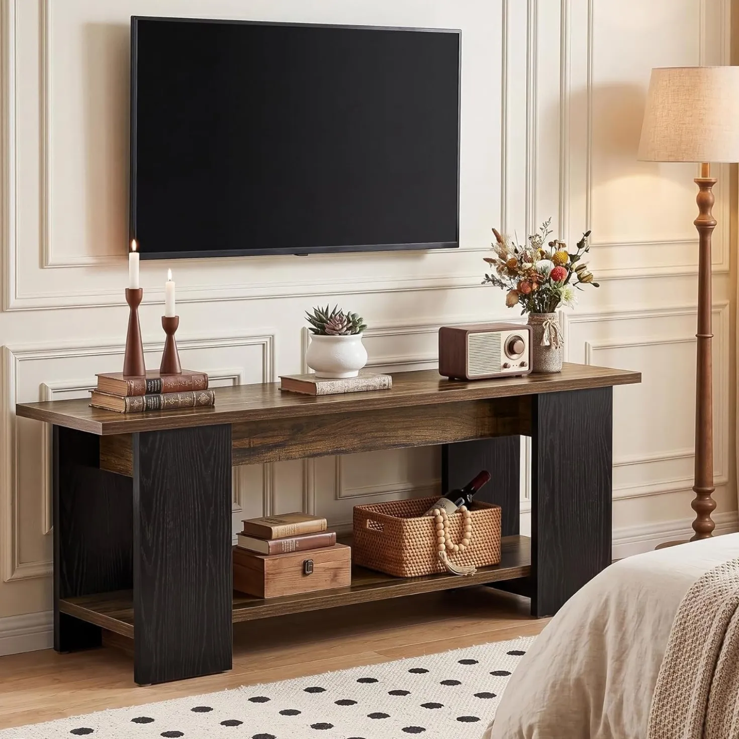 63" TV Stand Console, Farmhouse Entertainment Center with Open Shelves for 55-75-Inch TVs