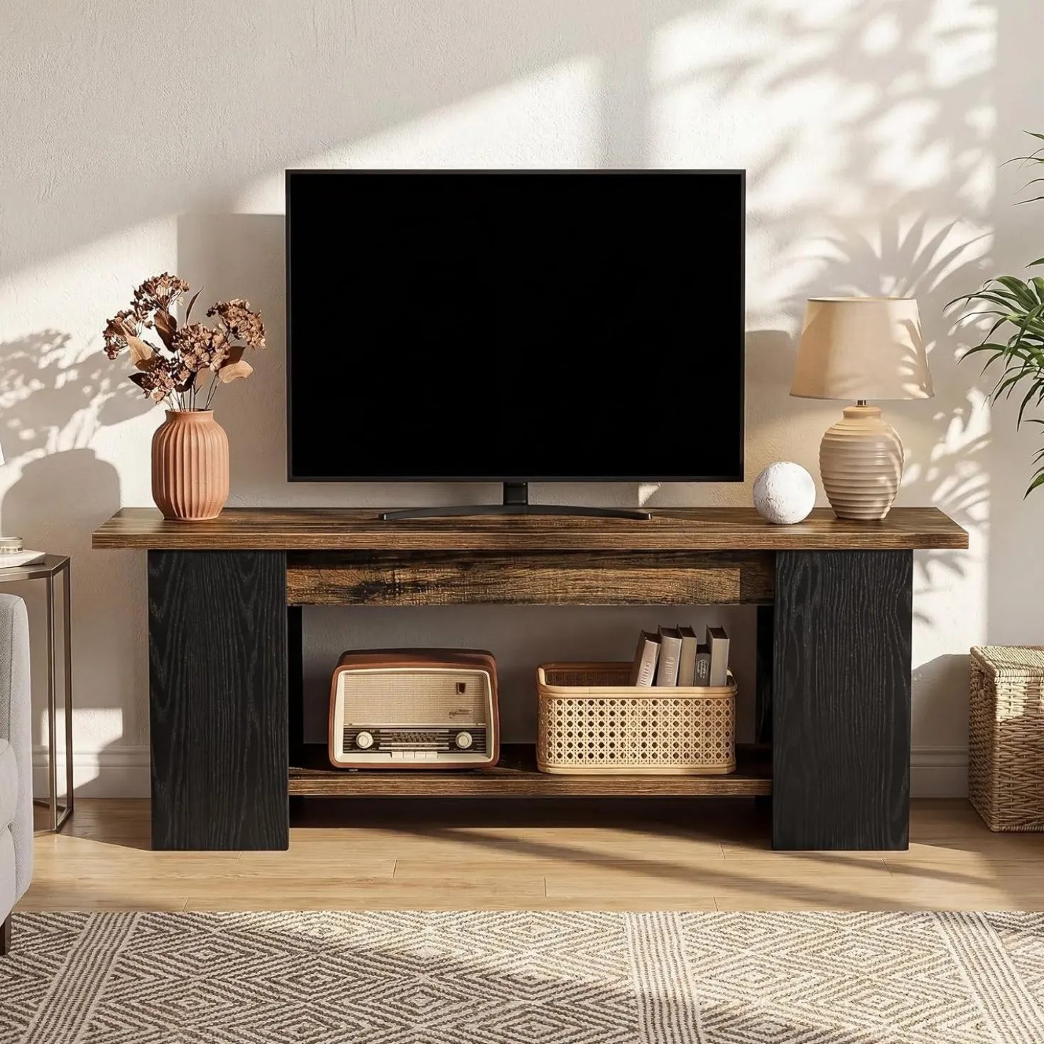 63" TV Stand Console, Farmhouse Entertainment Center with Open Shelves for 55-75-Inch TVs