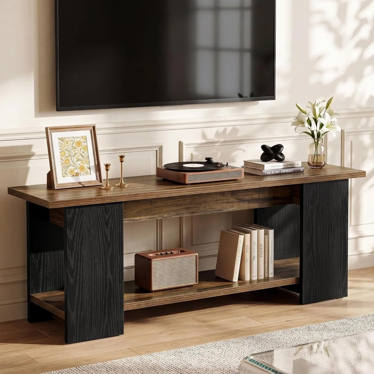 63" TV Stand Console, Farmhouse Entertainment Center with Open Shelves for 55-75-Inch TVs