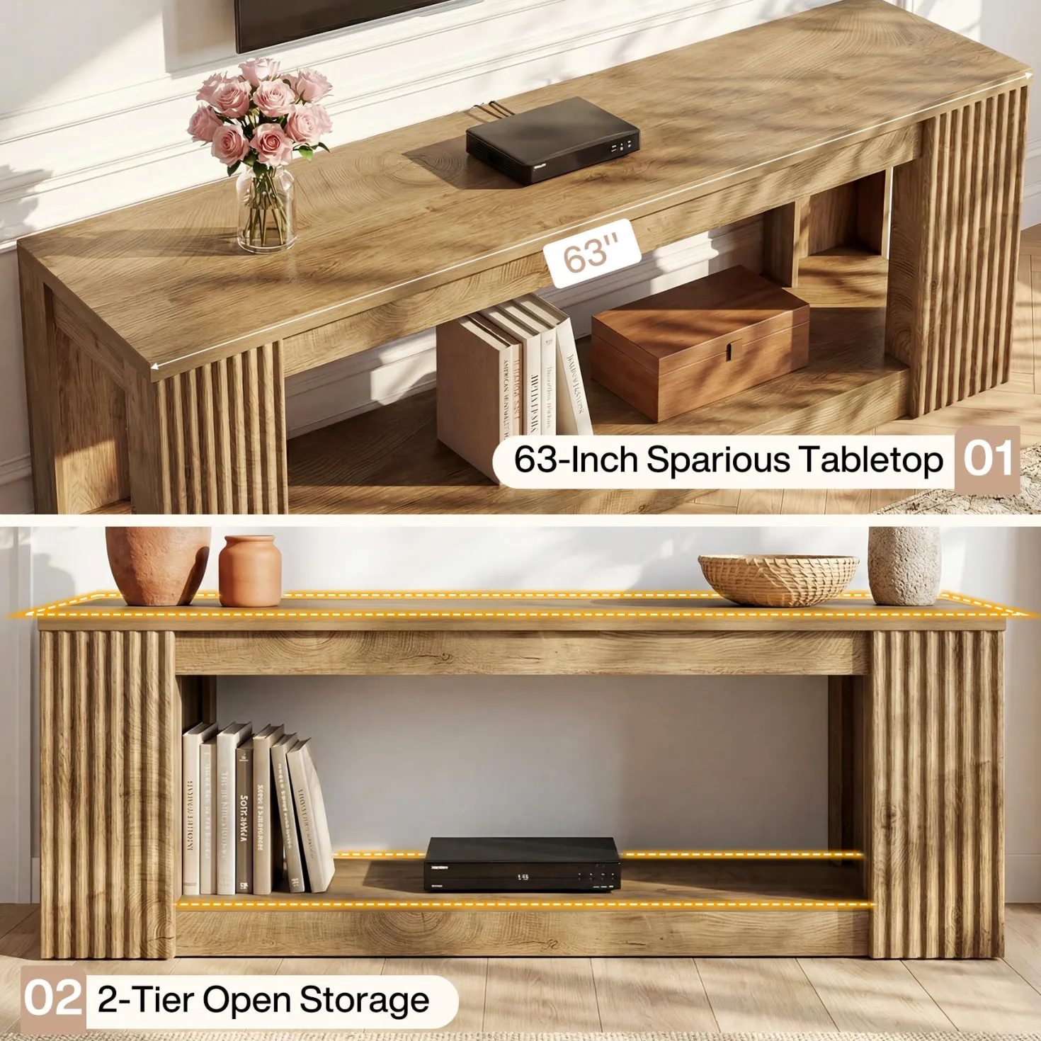 63" TV Stand, Entertainment Center with Open Storage Shelves for TVs Up to 75"