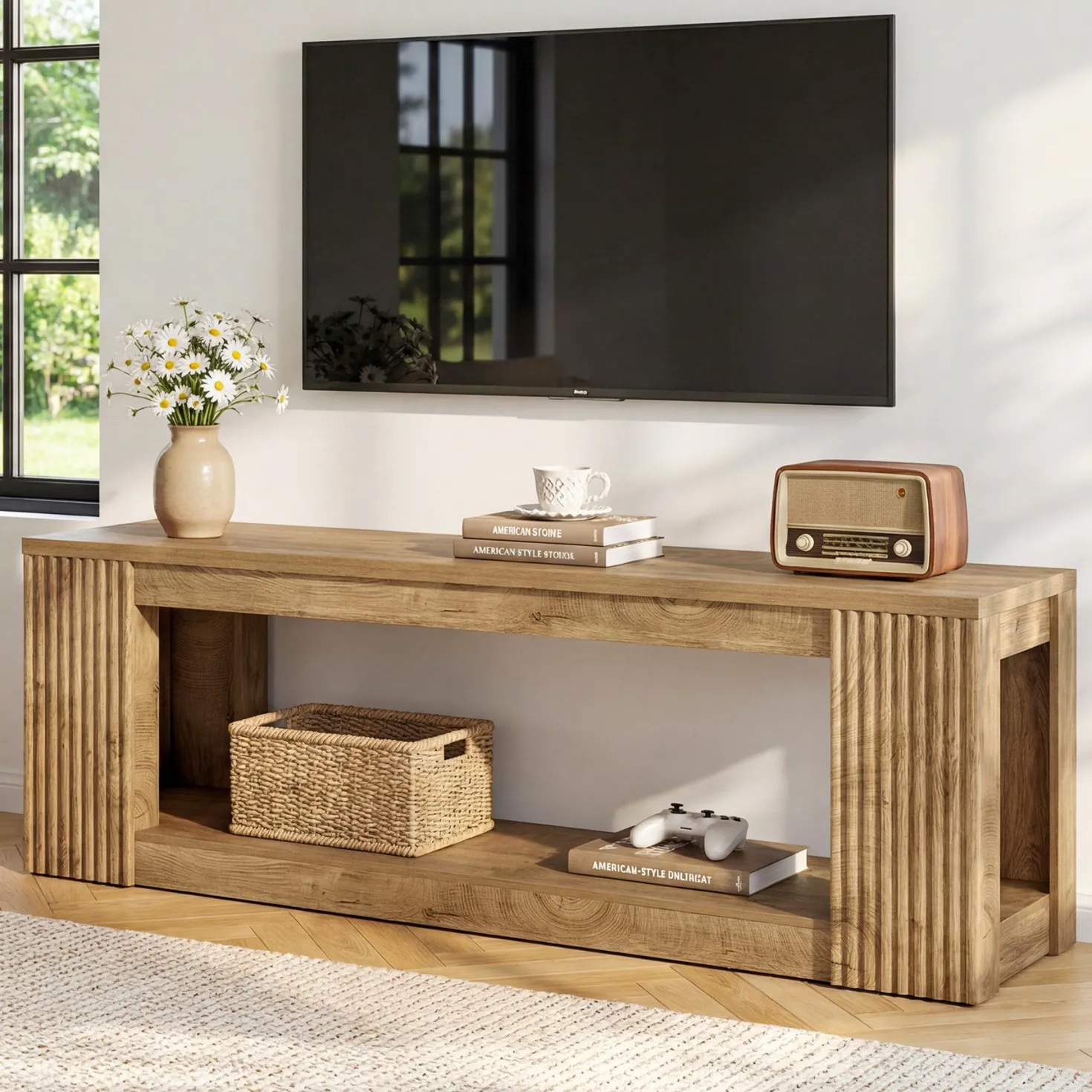 63" TV Stand, Entertainment Center with Open Storage Shelves for TVs Up to 75"