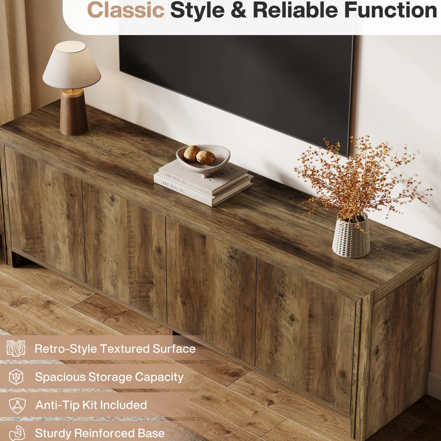 63" TV Stand, Entertainment Center with Storage Cabinet for TVs Up to 70"