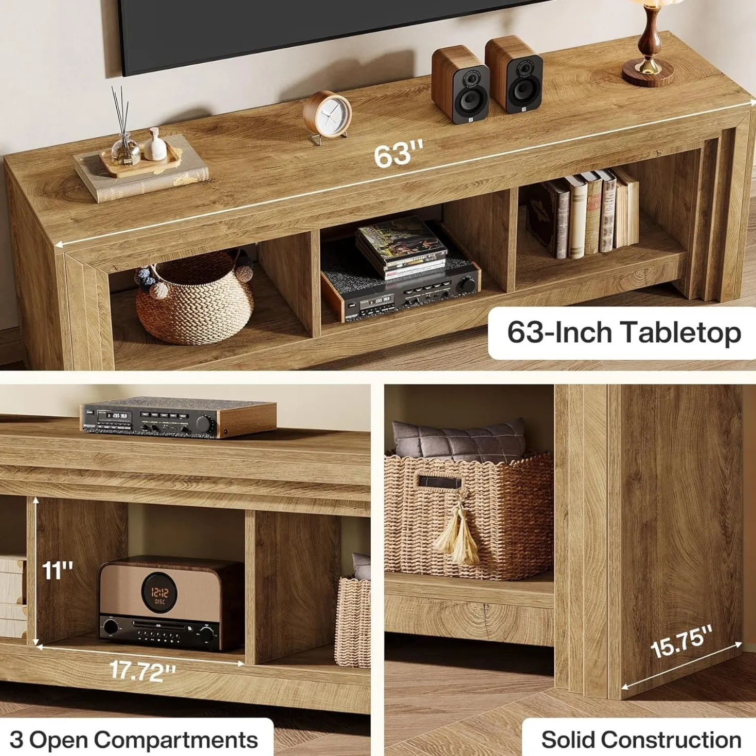 63" TV Stand, Farmhouse Entertainment Center Media Console for TVs Up to 75 Inches