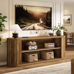 63" TV Stand, Farmhouse Entertainment Center with 3-Tier Storage Shelf