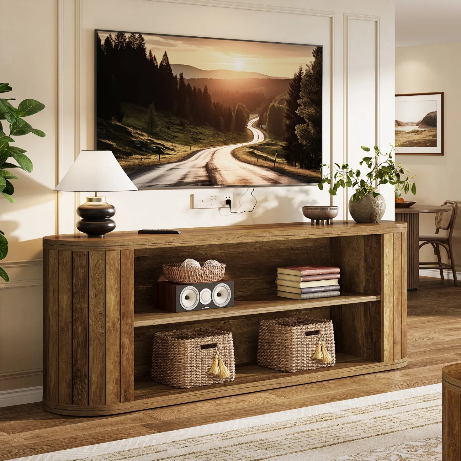 63" TV Stand, Farmhouse Entertainment Center with 3-Tier Storage Shelf