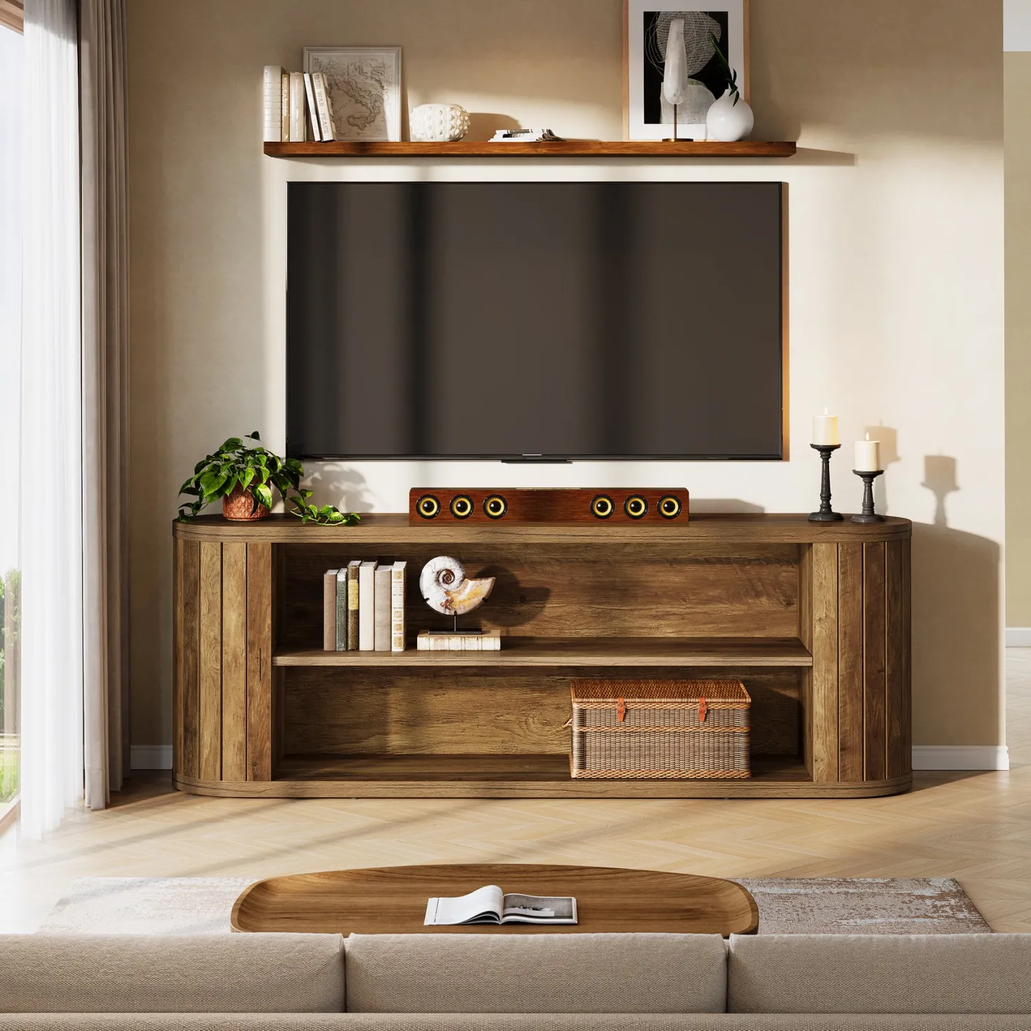 63" TV Stand, Farmhouse Entertainment Center with 3-Tier Storage Shelf