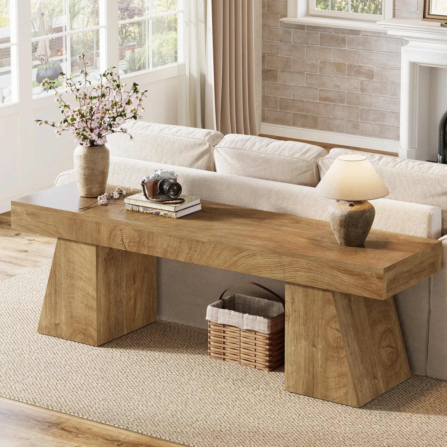 63" TV Stand, Farmhouse Entertainment Center with Geometric Pedestal for 55-75-Inch TVs