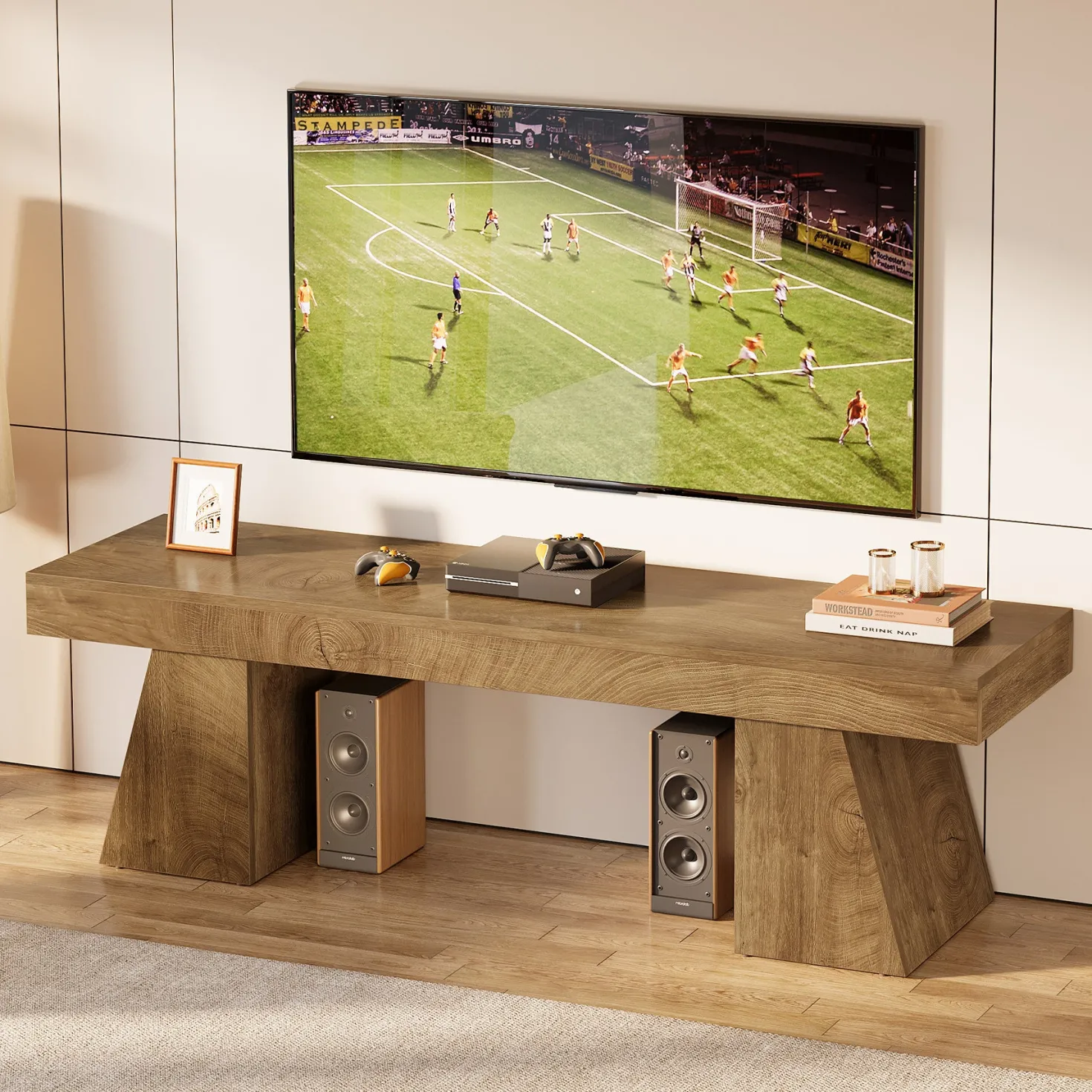 63" TV Stand, Farmhouse Entertainment Center with Geometric Pedestal for 55-75-Inch TVs