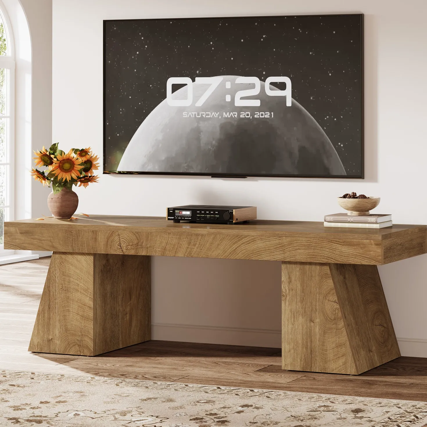 63" TV Stand, Farmhouse Entertainment Center with Geometric Pedestal for 55-75-Inch TVs