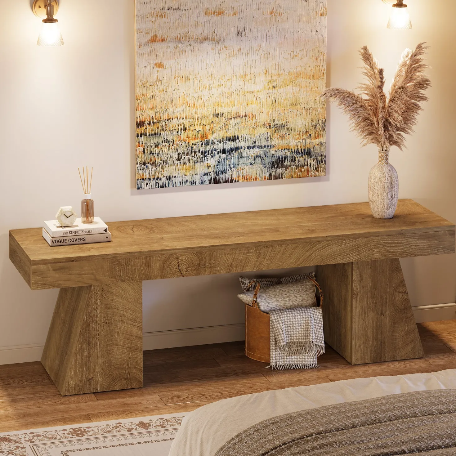 63" TV Stand, Farmhouse Entertainment Center with Geometric Pedestal for 55-75-Inch TVs