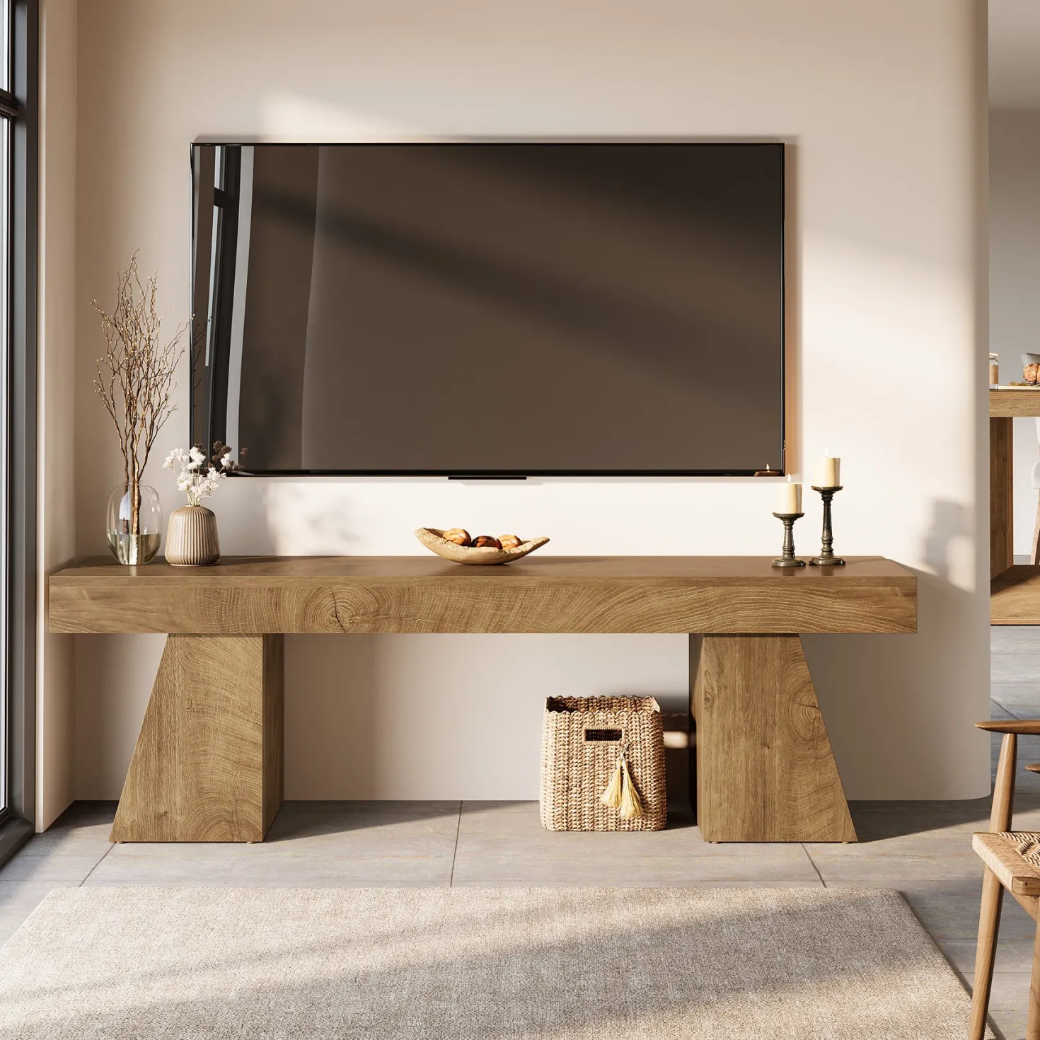 63" TV Stand, Farmhouse Entertainment Center with Geometric Pedestal for 55-75-Inch TVs
