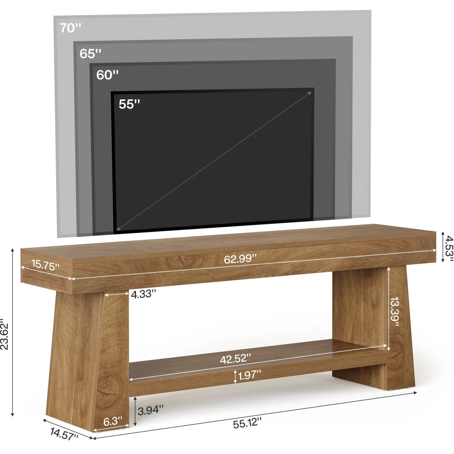 63" TV Stand, Farmhouse Entertainment Center with 2-Tier Shelf for 55"-75" TVs