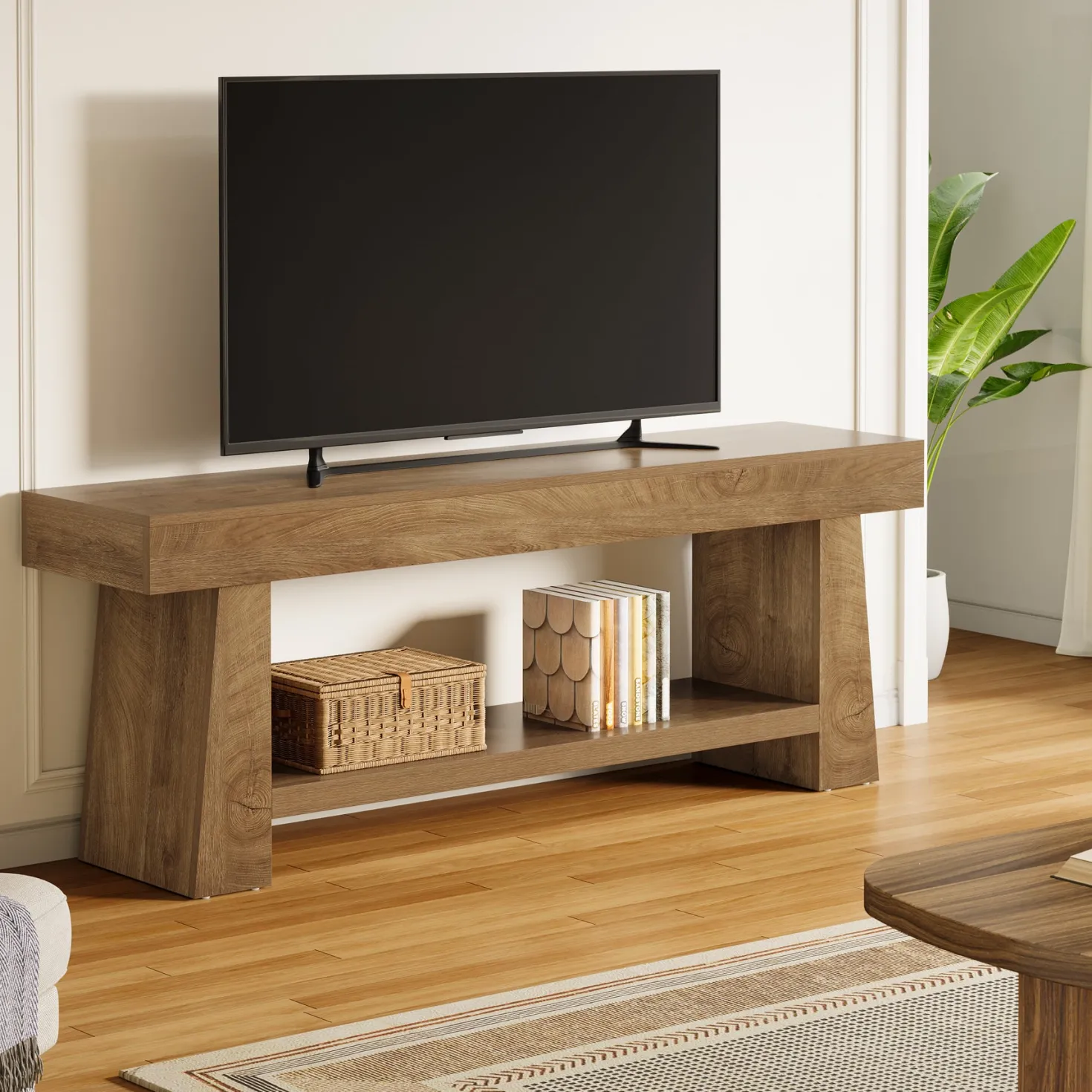 63" TV Stand, Farmhouse Entertainment Center with 2-Tier Shelf for 55"-75" TVs
