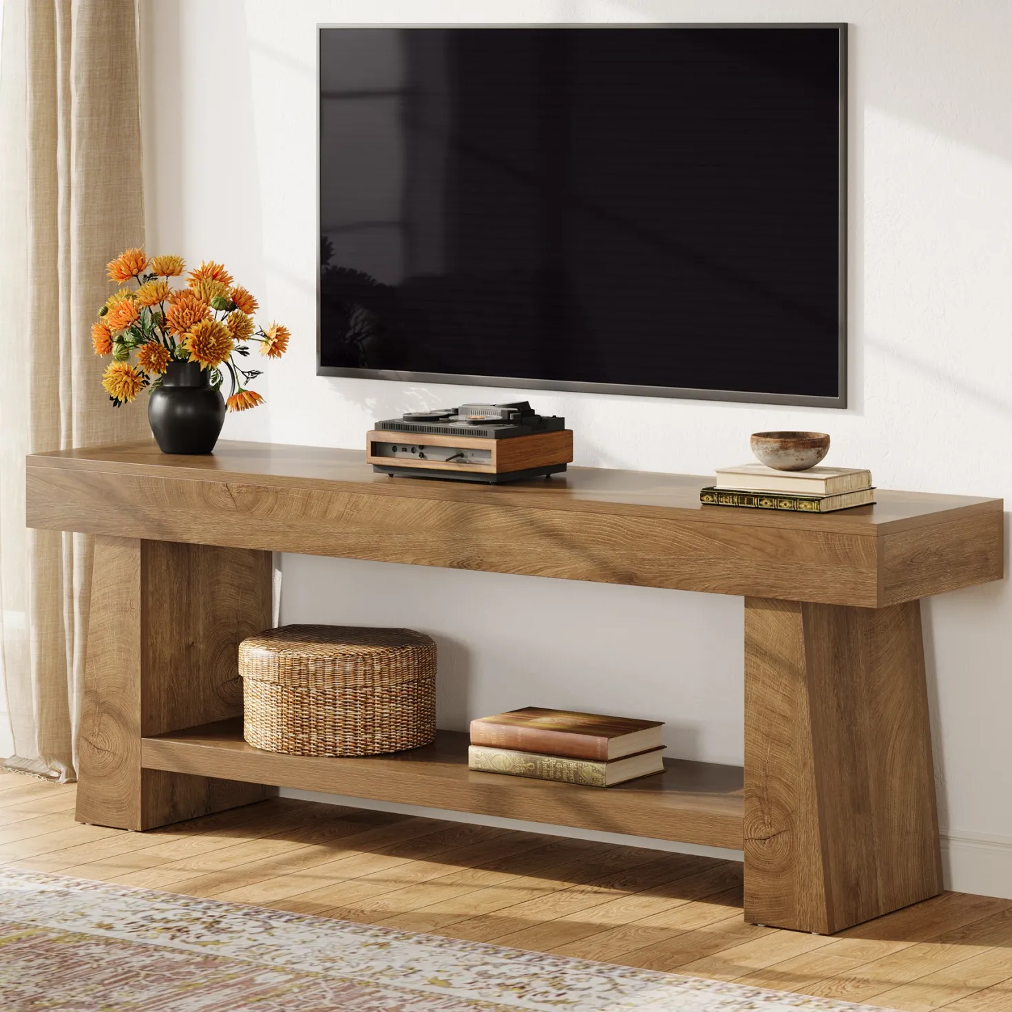 63" TV Stand, Farmhouse Entertainment Center with 2-Tier Shelf for 55"-75" TVs