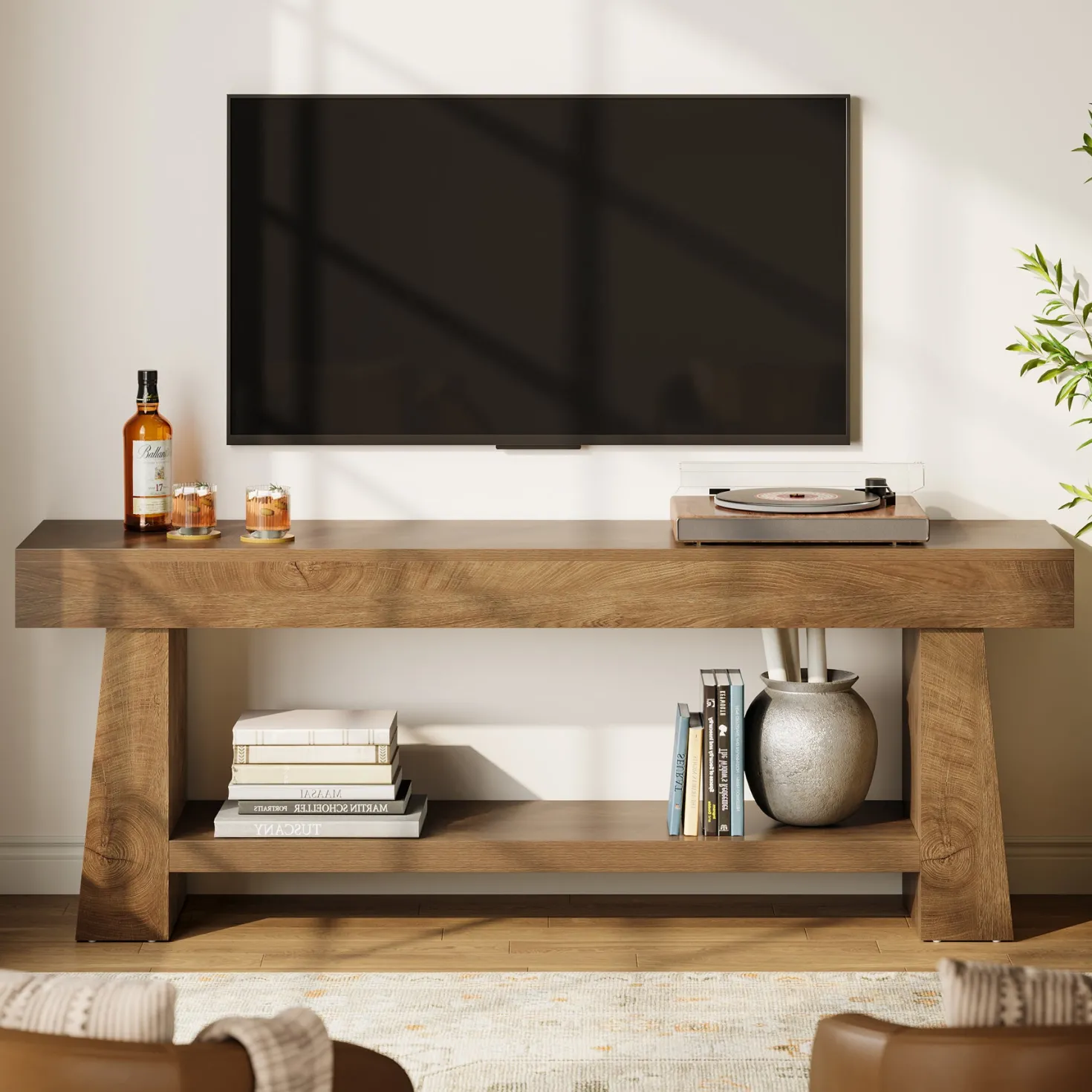 63" TV Stand, Farmhouse Entertainment Center with 2-Tier Shelf for 55"-75" TVs