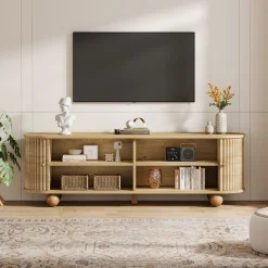 70" TV Stand, Farmhouse Media Console with Shelves and Sliding Doors