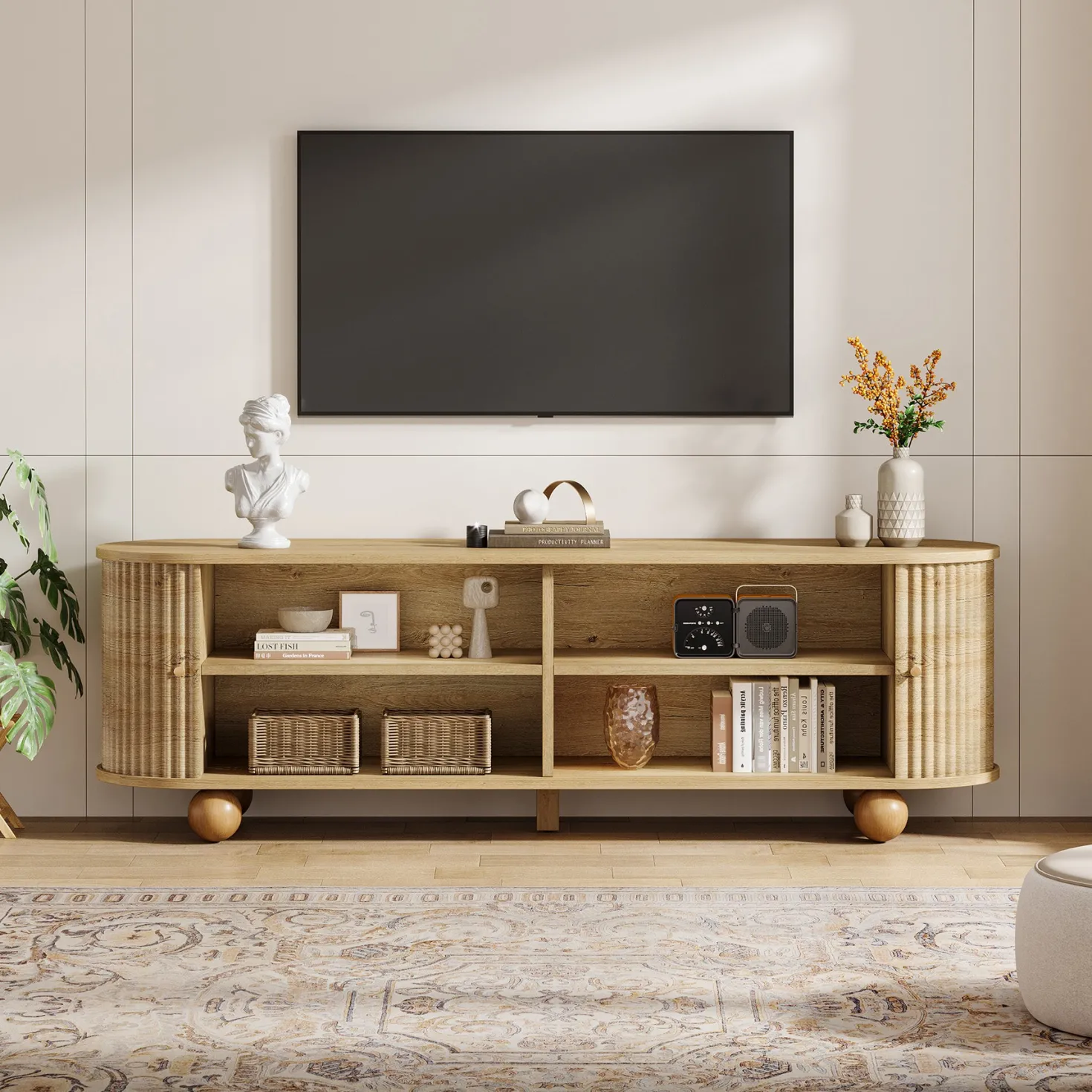 70" TV Stand, Farmhouse Media Console with Shelves and Sliding Doors