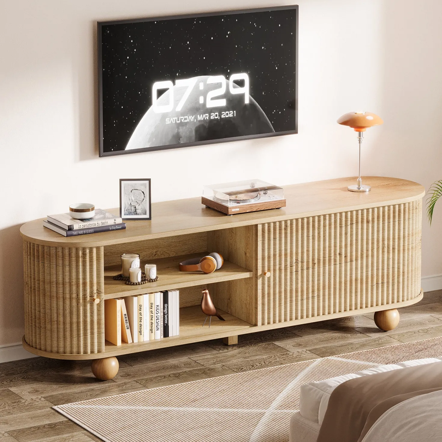 70" TV Stand, Farmhouse Media Console with Shelves and Sliding Doors
