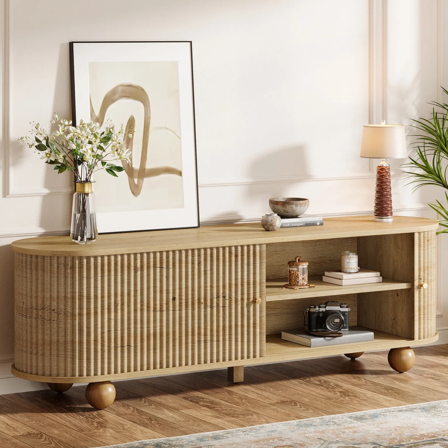 70" TV Stand, Farmhouse Media Console with Shelves and Sliding Doors