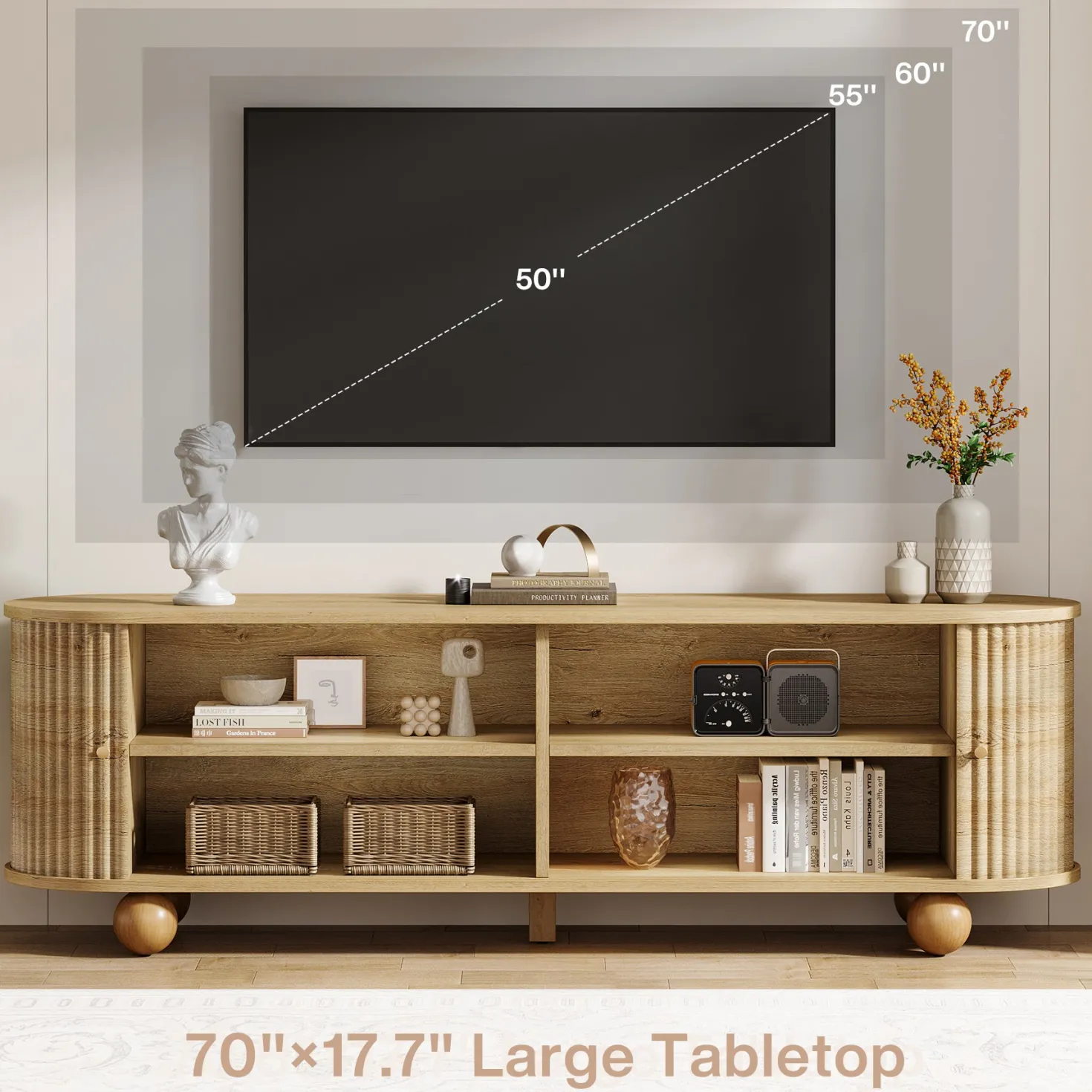 70" TV Stand, Farmhouse Media Console with Shelves and Sliding Doors