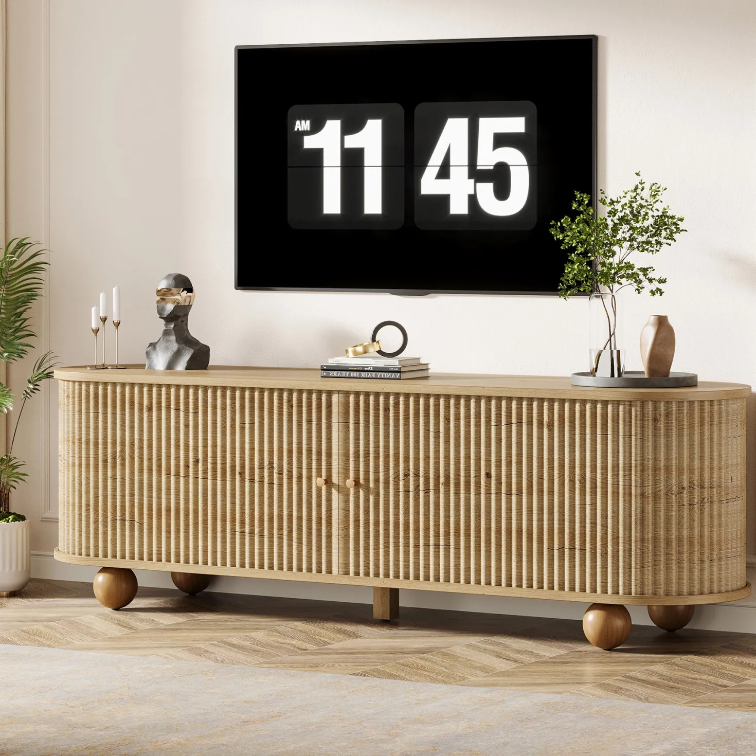 70" TV Stand, Farmhouse Media Console with Shelves and Sliding Doors