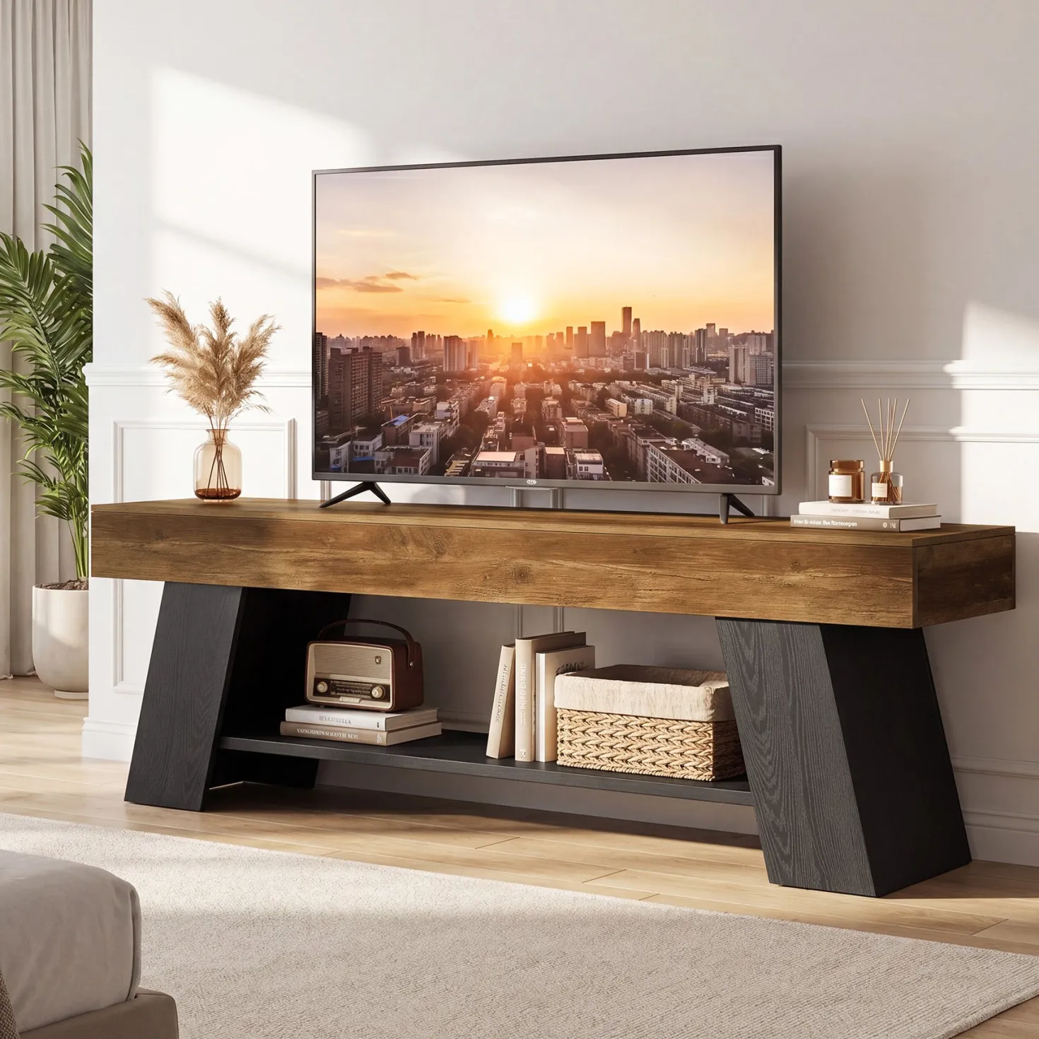 63" TV Stand for 55/65/70 Inch TVs, Industrial Media Console with Open Storage Shelf