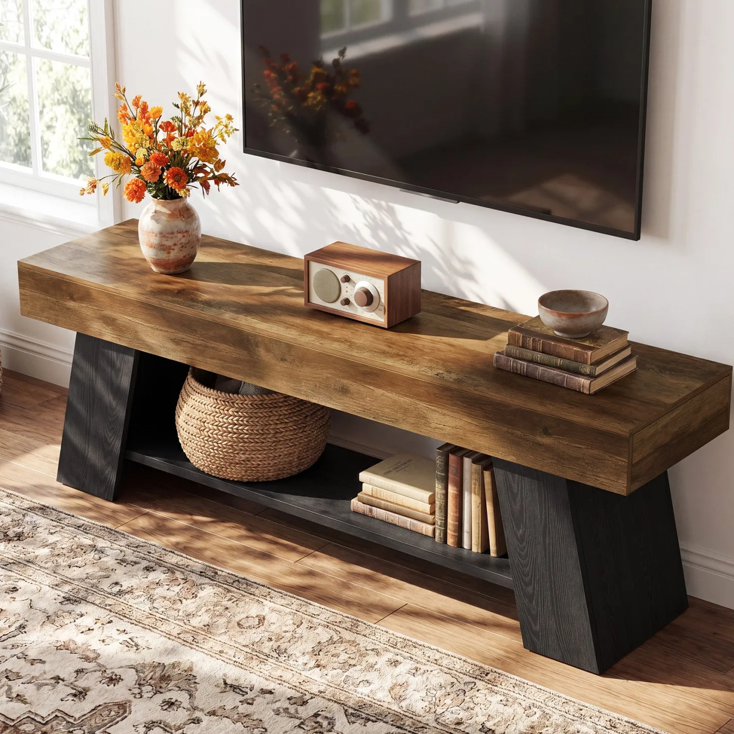 63" TV Stand for 55/65/70 Inch TVs, Industrial Media Console with Open Storage Shelf