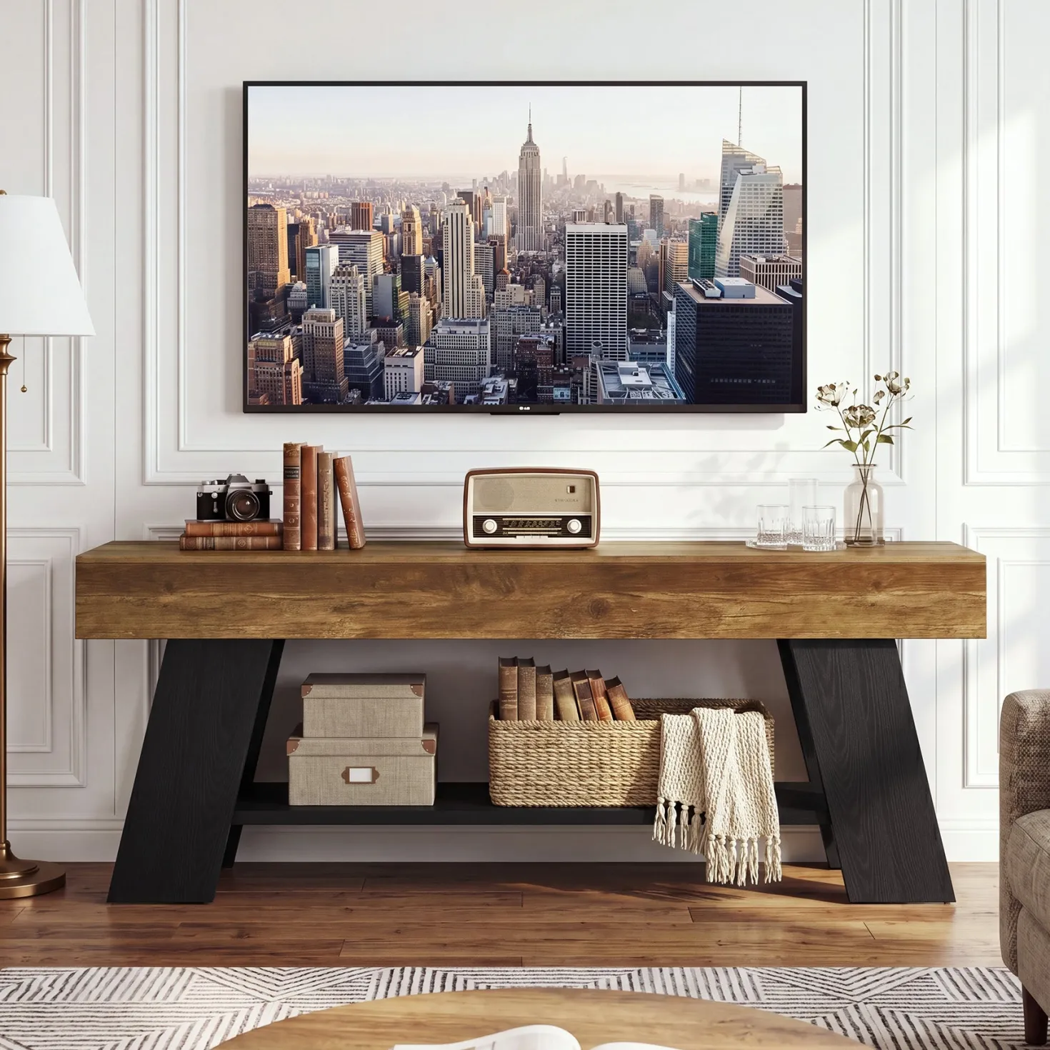 63" TV Stand for 55/65/70 Inch TVs, Industrial Media Console with Open Storage Shelf