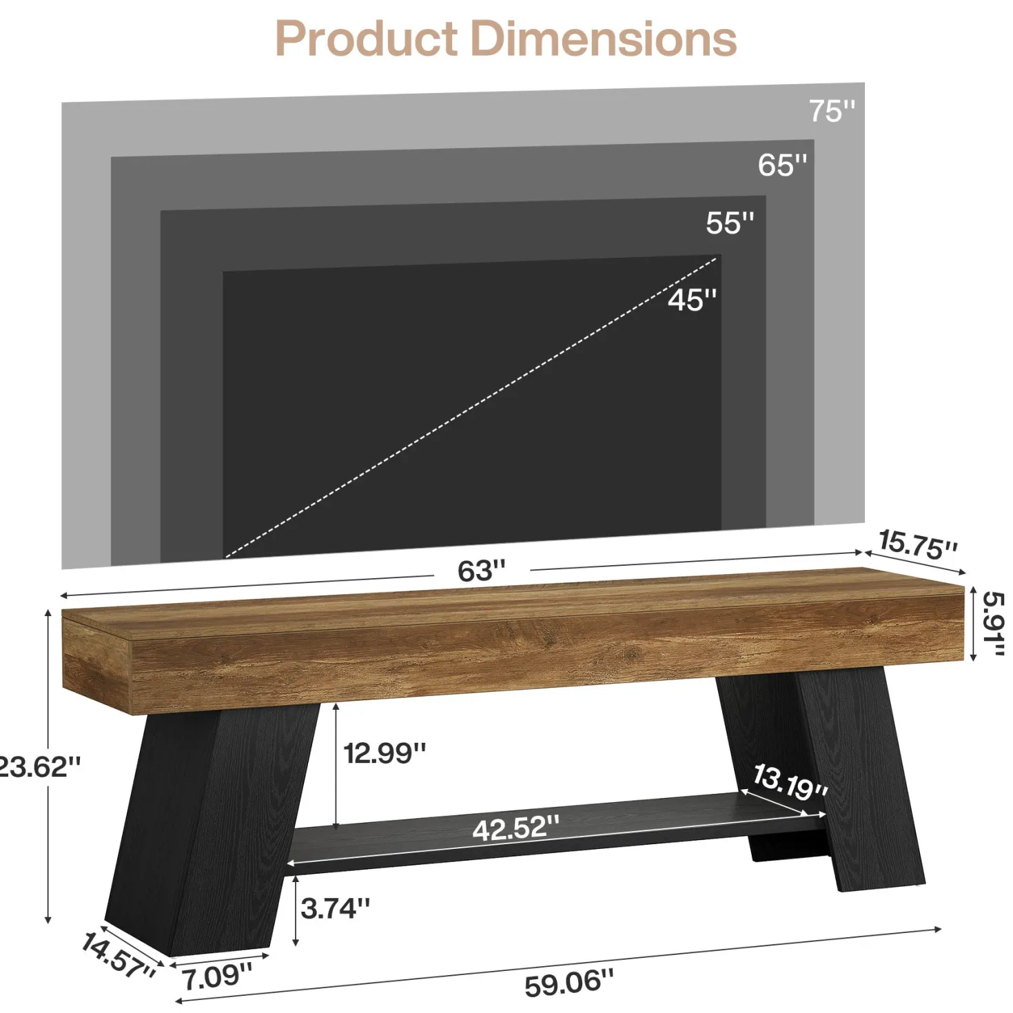 63" TV Stand for 55/65/70 Inch TVs, Industrial Media Console with Open Storage Shelf