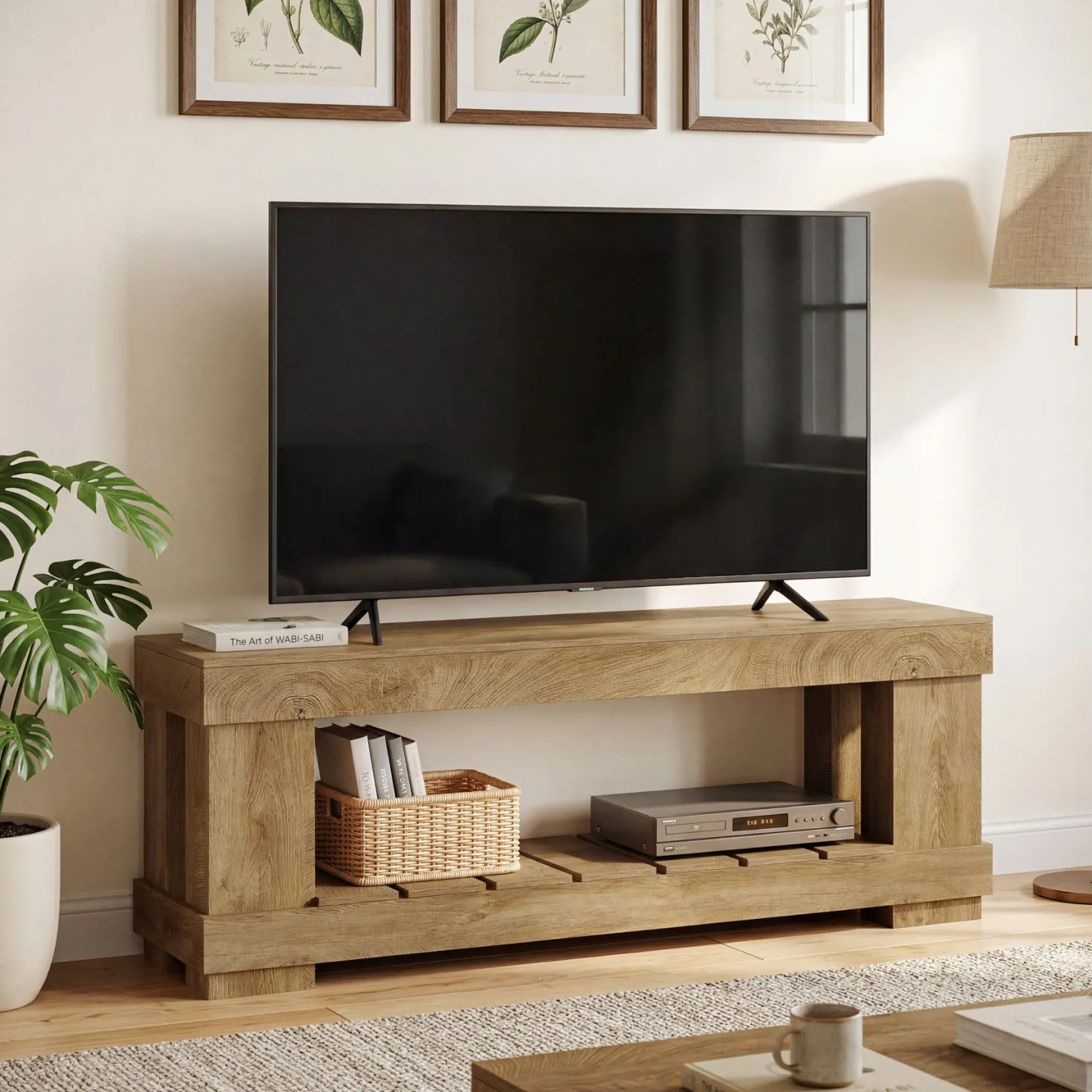 63" TV Stand for 55-70 Inch TVs, Modern Rustic Media Console with Open Storage Shelf
