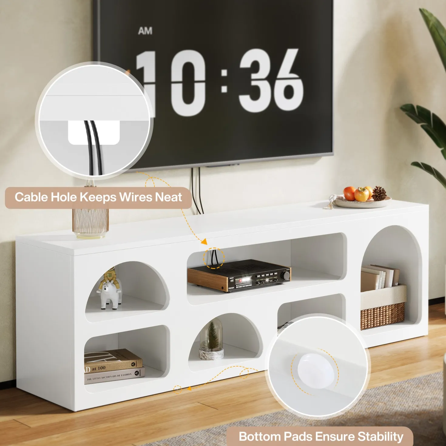 63" TV Stand for 60 to 70 Inch TVs, Modern White Media Console with 6 Open Shelves