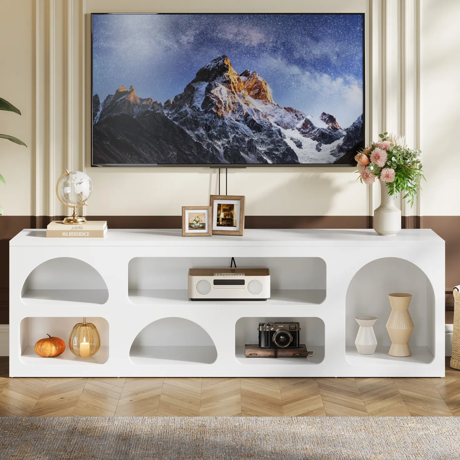 63" TV Stand for 60 to 70 Inch TVs, Modern White Media Console with 6 Open Shelves
