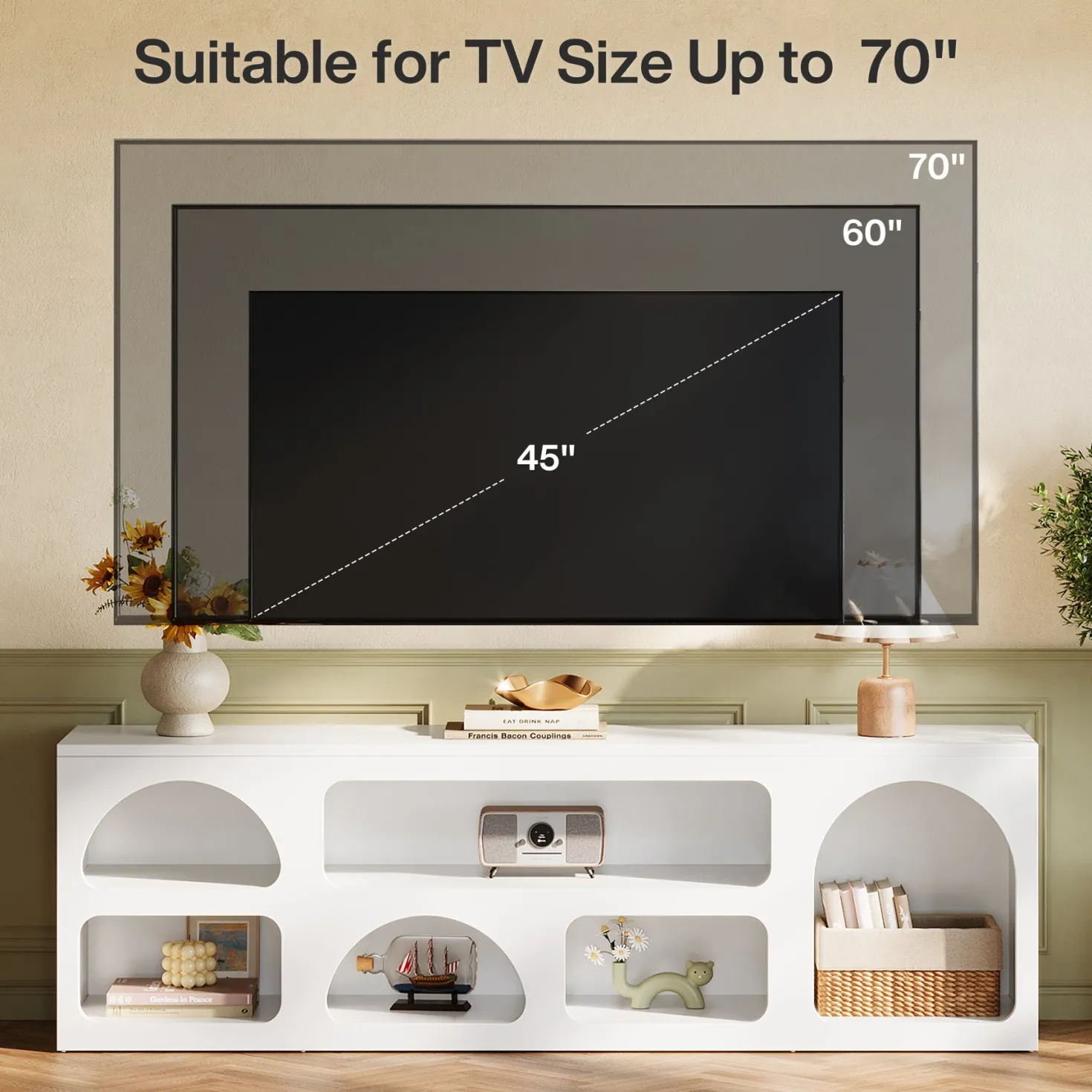 63" TV Stand for 60 to 70 Inch TVs, Modern White Media Console with 6 Open Shelves