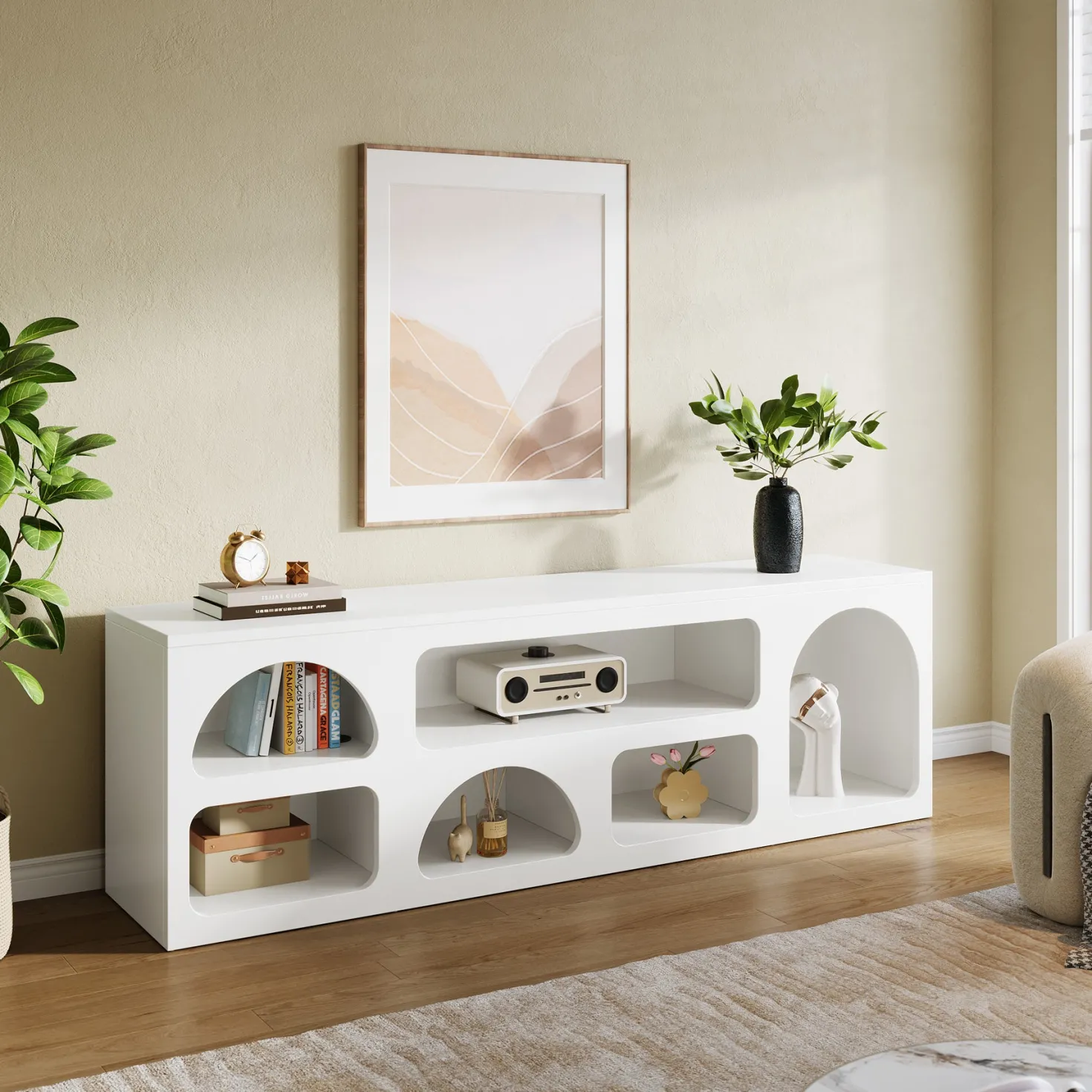 63" TV Stand for 60 to 70 Inch TVs, Modern White Media Console with 6 Open Shelves