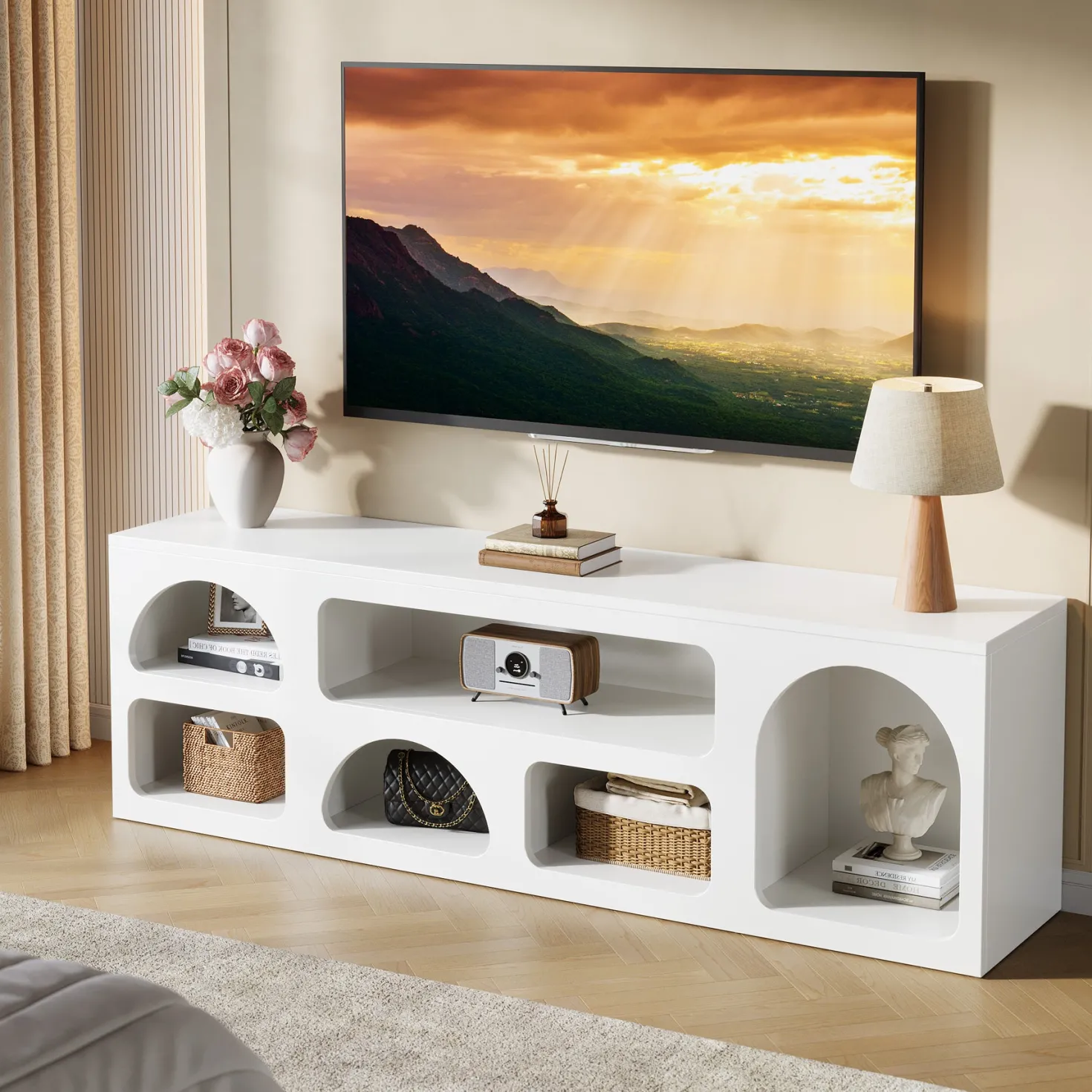 63" TV Stand for 60 to 70 Inch TVs, Modern White Media Console with 6 Open Shelves