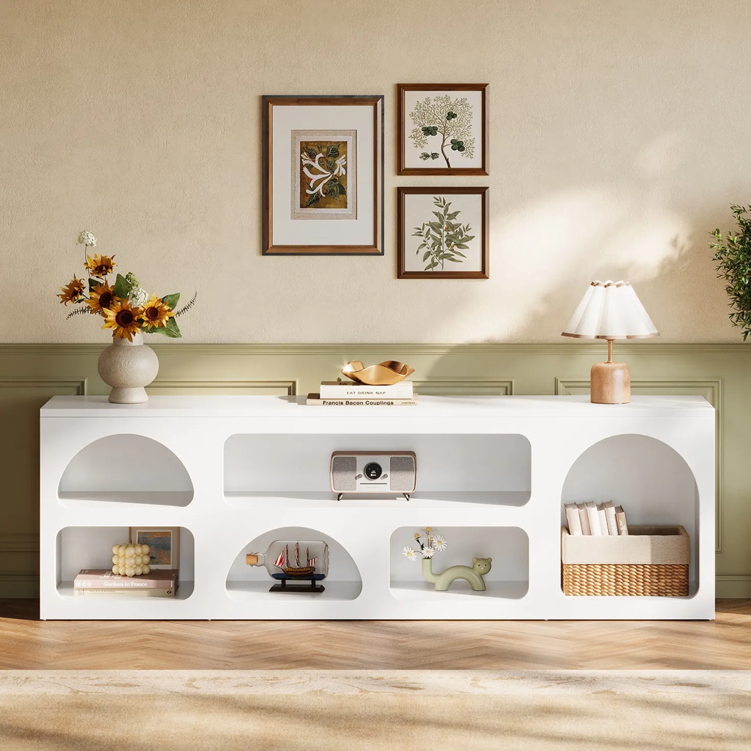 63" TV Stand for 60 to 70 Inch TVs, Modern White Media Console with 6 Open Shelves