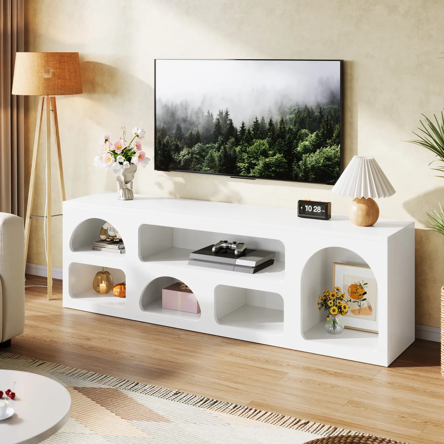 63" TV Stand for 60 to 70 Inch TVs, Modern White Media Console with 6 Open Shelves