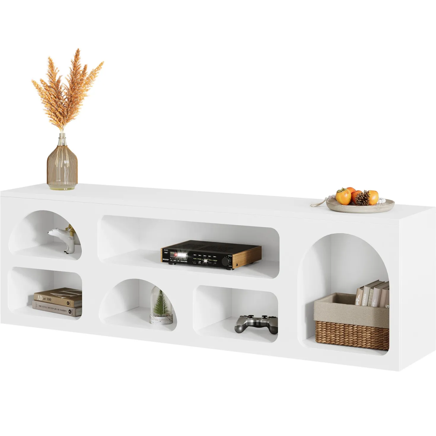 63" TV Stand for 60 to 70 Inch TVs, Modern White Media Console with 6 Open Shelves