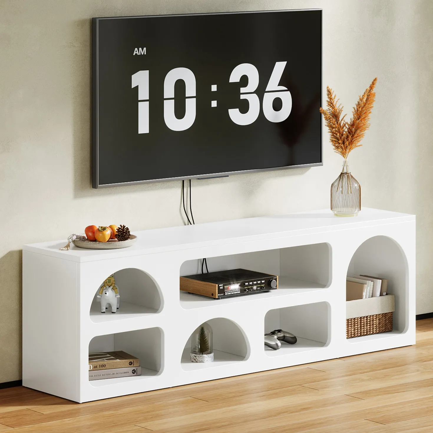 63" TV Stand for 60 to 70 Inch TVs, Modern White Media Console with 6 Open Shelves