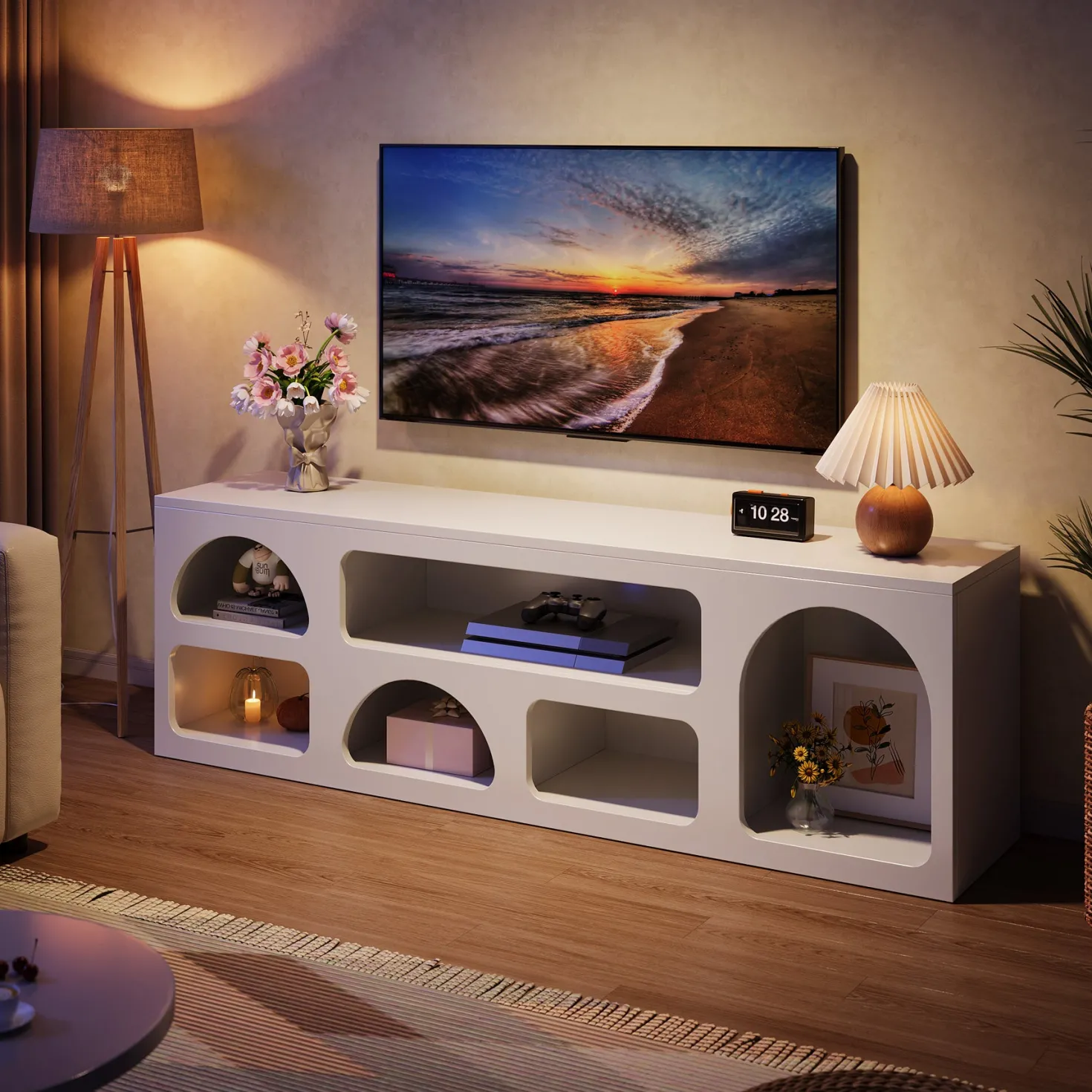 63" TV Stand for 60 to 70 Inch TVs, Modern White Media Console with 6 Open Shelves