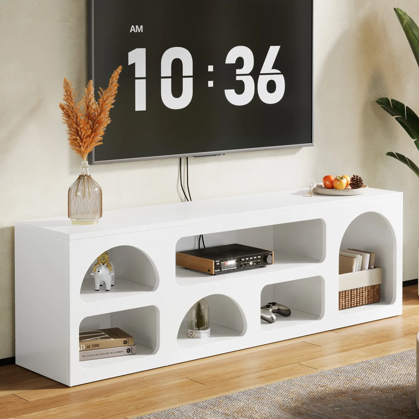 63" TV Stand for 60 to 70 Inch TVs, Modern White Media Console with 6 Open Shelves