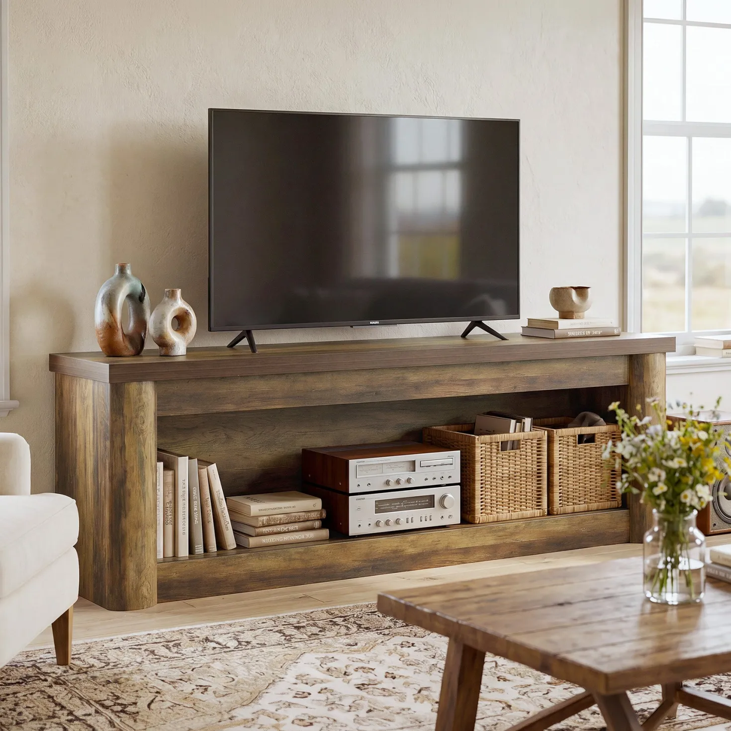 63" TV Stand for TVs up to 75", Entertainment Center with Open Storage for Living Room