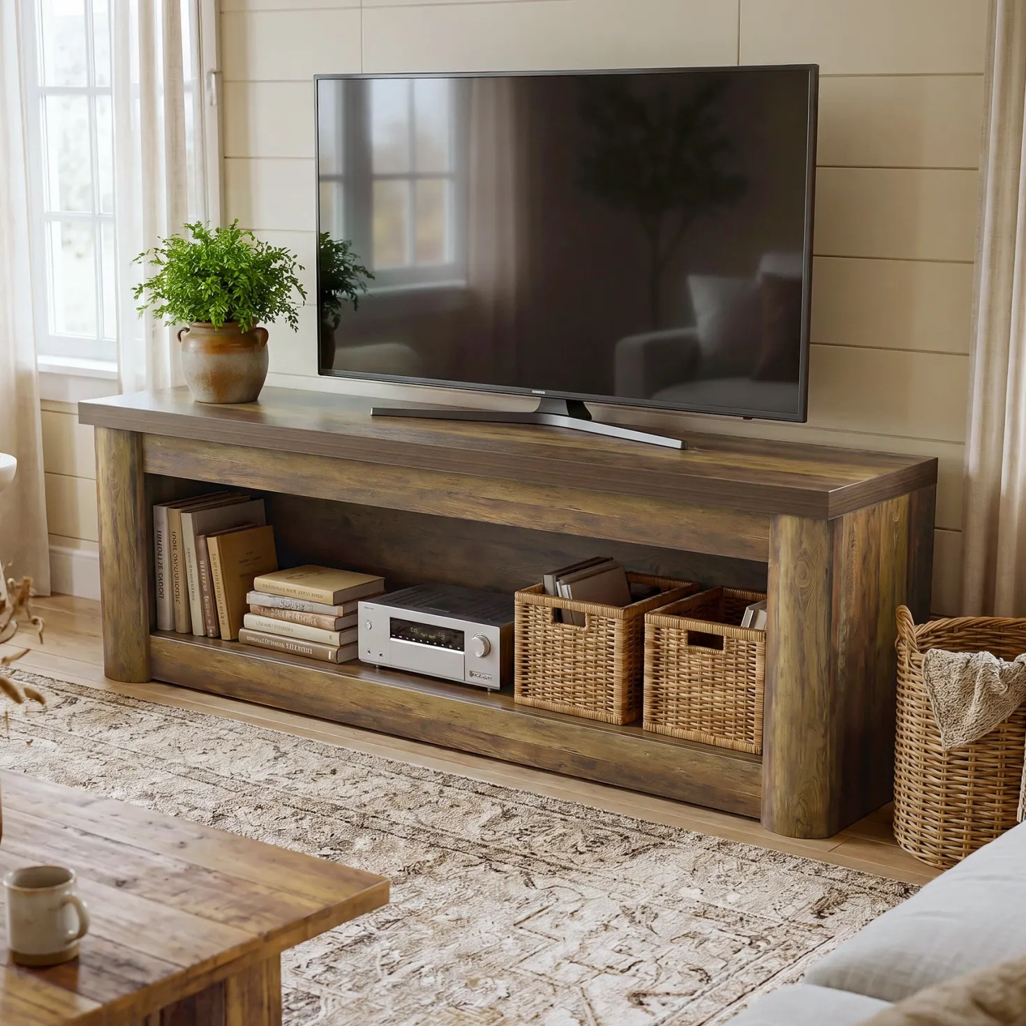 63" TV Stand for TVs up to 75", Entertainment Center with Open Storage for Living Room